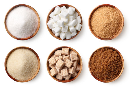 Collection of various types of sugar in bowls, top view, isolatedの写真素材