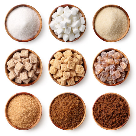 Collection of various types of sugar in bowls, top view, isolatedの写真素材