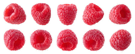 Collection or set of various fresh ripe raspberries isolated on white backgroundの写真素材