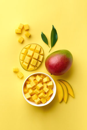 Fresh whole half and sliced mango fruit on yellow background, top view, flat layの写真素材