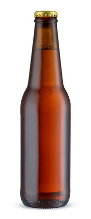 Full brown beer bottle isolated on white background, front view. Mockup without labelの写真素材