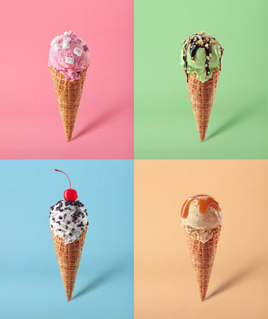 Four Ice cream cones on different colored backgrounds. White vanilla, pink strawberry, green pistachio and brown caramel flavors. Pop art style.の写真素材