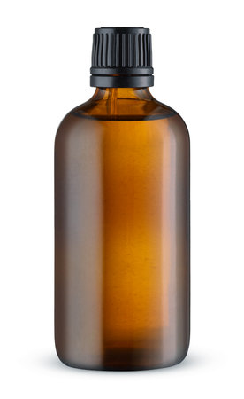 Brown glass essential oil bottle isolated on white background. Cosmetic container. Mockup without labelの写真素材