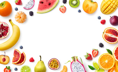 Frame of various fresh colored fruits on white background, top view, copy space. Healthy eating. Flat layの写真素材