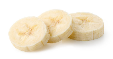 Three banana slices isolated on white backgroundの写真素材