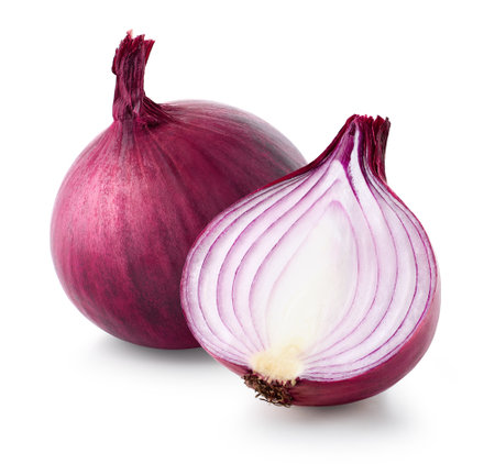 Whole and half of sliced red onion isolated on white backgroundの写真素材
