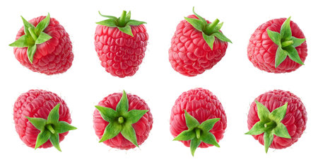 Collection or set of various fresh ripe raspberries isolated on white background. Different anglesの写真素材