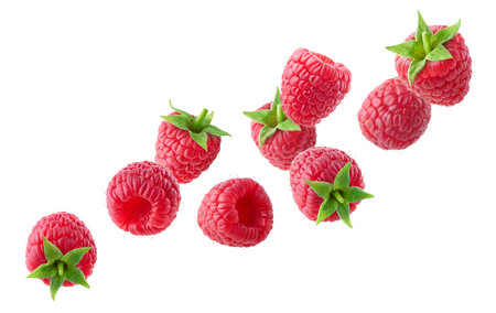 Various falling fresh ripe raspberries isolated on white background, horizontal composition