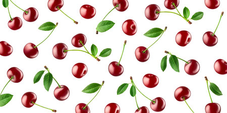 Fruit pattern of fresh ripe red cherries isolated on white backgroundの写真素材