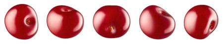 Collection or set of different fresh ripe red cherries isolated on white backgroundの写真素材