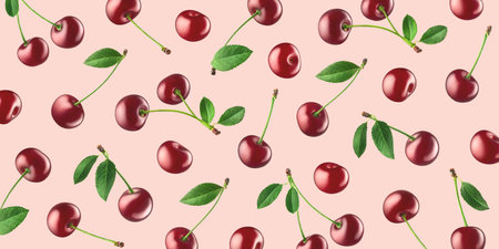 Fruit pattern of fresh ripe red cherries on light pink backgroundの写真素材