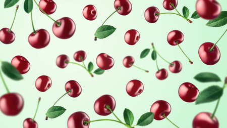 Colorful pattern of fresh ripe red cherries on light mint backgroundの写真素材