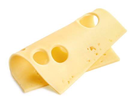 One slice os Maasdam cheese isolated on white backgroundの写真素材