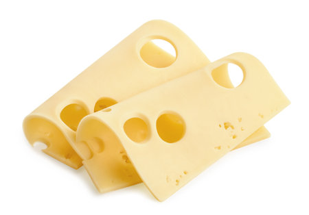 Two rolled slices of Maasdam cheese isolated on white backgroundの写真素材