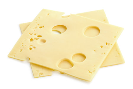 Two slices of Maasdam cheese on white backgroundの写真素材