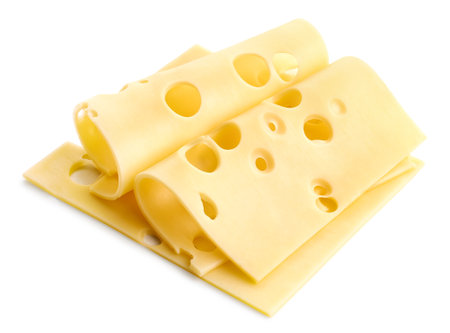 Maasdam cheese slices isolated on white backgroundの写真素材