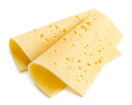 Two slices of folded Swiss cheese isolated on white backgroundの写真素材