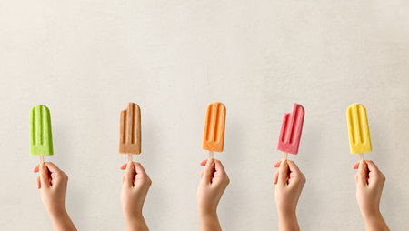 Hands holding different types of colorful fruit ice cream . Strawberry, mango, caramel, apple and...