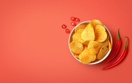 Bowl of crispy wavy potato chips or crisps with chili pepper flavor on red background, top view, empty space for textの写真素材