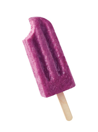 Bitten purple fruit and berry ice cream isolated on white background. Blueberry, raspberry and banana flavorの写真素材