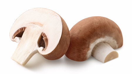 Two fresh brown champignon mushroom halves isolated on white backgroundの写真素材
