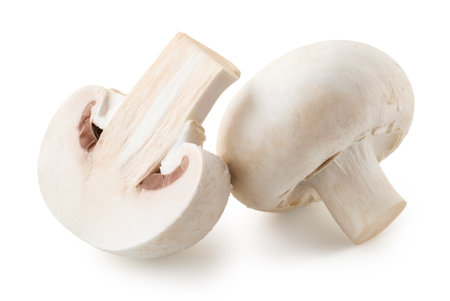One whole and halved fresh white champignon mushroom isolated on white backgroundの写真素材