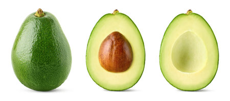 Set of fresh ripe whole and halved avocado isolated on white backgroundの写真素材