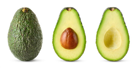 Set of fresh ripe whole and halved avocado isolated on white backgroundの写真素材
