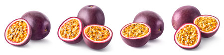 Set or collection of fresh whole and half passion fruit isolated on white backgroundの写真素材