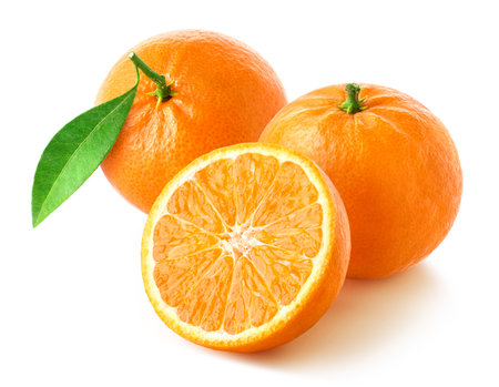 Fresh ripe whole and half of tangerine, mandarin or clementine with green leaf isolated on white background, citrus fruitsの写真素材