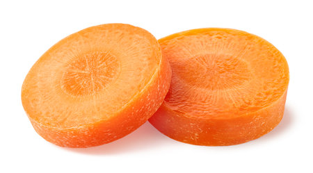 Two fresh carrot slices isolated on white backgroundの写真素材