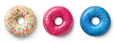 Set of three different colorful donuts isolated on white background, top viewの写真素材