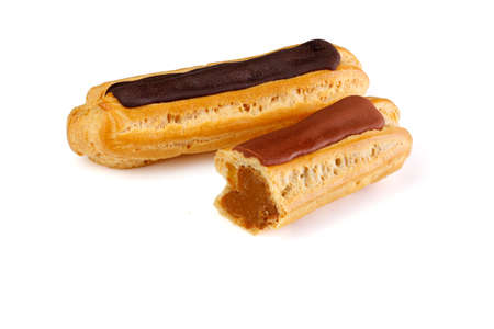 Eclairs isolated on white background. Delicious french dessert. Sweet dessert. Full depth of fieldm.