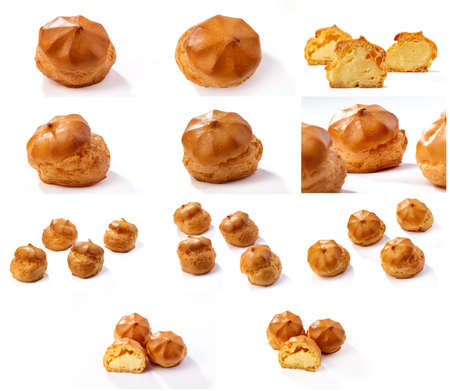 Profiterole or eclair, homemade sweets, close up, isolated on white background.の写真素材