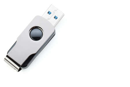 Black and silver USB stick isolated on white background. USB Pen Drive or flash drive showing data...