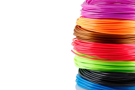 Colorful rolled filaments for 3D pen isolated on white. Closeup of plastic bright wires for 3D printer lying on table . Concept of children's entertainment and creativity.の写真素材