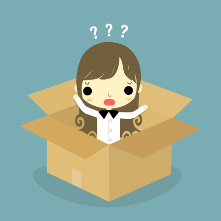 businesswoman sitting inside the box with question mark on his head.のイラスト素材