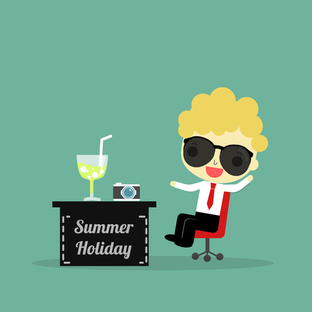 businessman wear sunglass sitting on chair and desk with word \\\" summer holiday \\\" , juice and camera on it.のイラスト素材