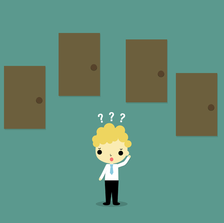 businessman standing and thinking which door he must choose.のイラスト素材