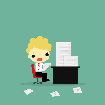 businessman sitting on chair carry paper of work with scurry emotion.のイラスト素材