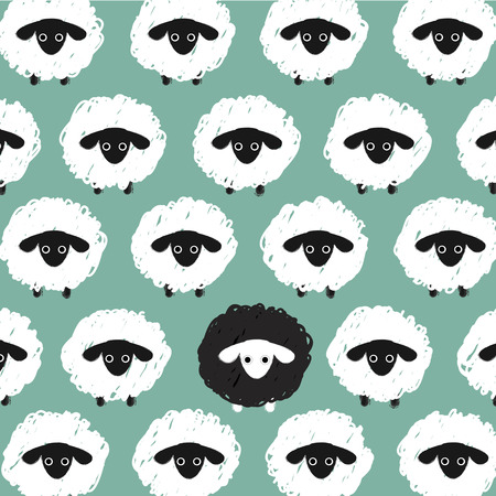 white sheeps around one black sheep  on blue background.のイラスト素材