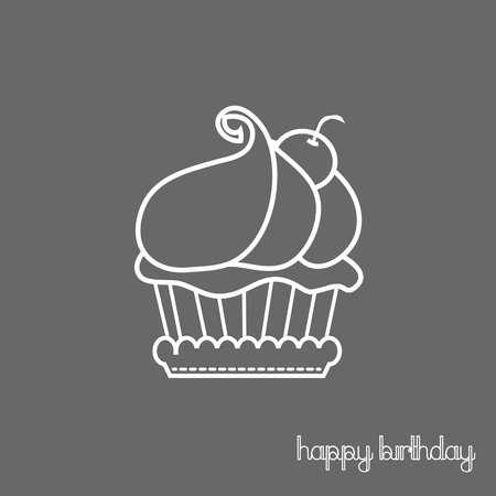 cute cup cake with white line and text \\\\\\\"happy birthday\\\\\\\"  on grey background.のイラスト素材