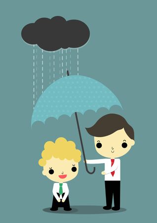 business with depress emotion who has black cloud and rain above his head is helped by businessman who carry umbrella.のイラスト素材
