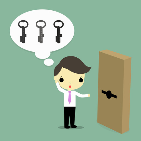businessman look at the door and think which key match this door on blue background.のイラスト素材