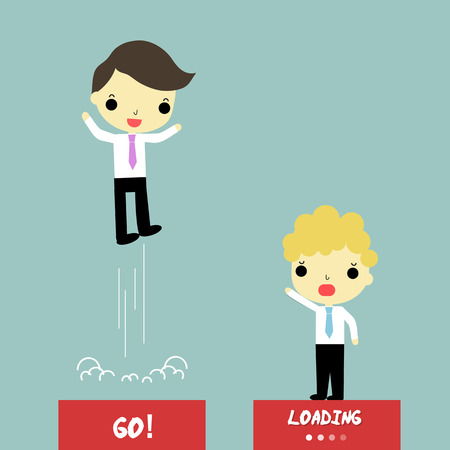 businessman with happy emotion is successful but other businessman at \"loading\" podium with sad emotion is lose.のイラスト素材