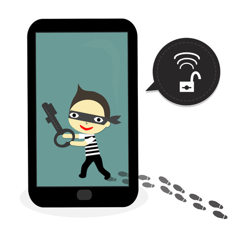footrprint out of mobile and thief carry key on mobile with unlock warning.のイラスト素材