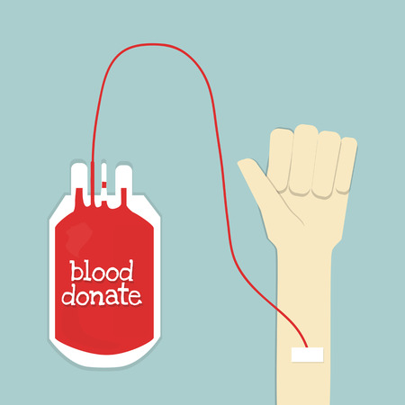 donate blood word and hand who give blood on blue background.のイラスト素材