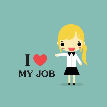 happy businesswoman sitting on chair and word " i love my job".のイラスト素材