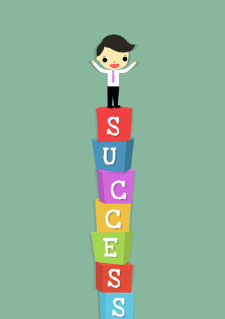 businessman on top of box with word " success " on blue background.のイラスト素材