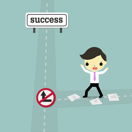 businessman with shock emotion stand on the road and stop signs block way to success.のイラスト素材